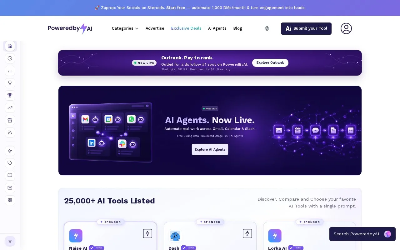 Screenshot of the PoweredByAI homepage