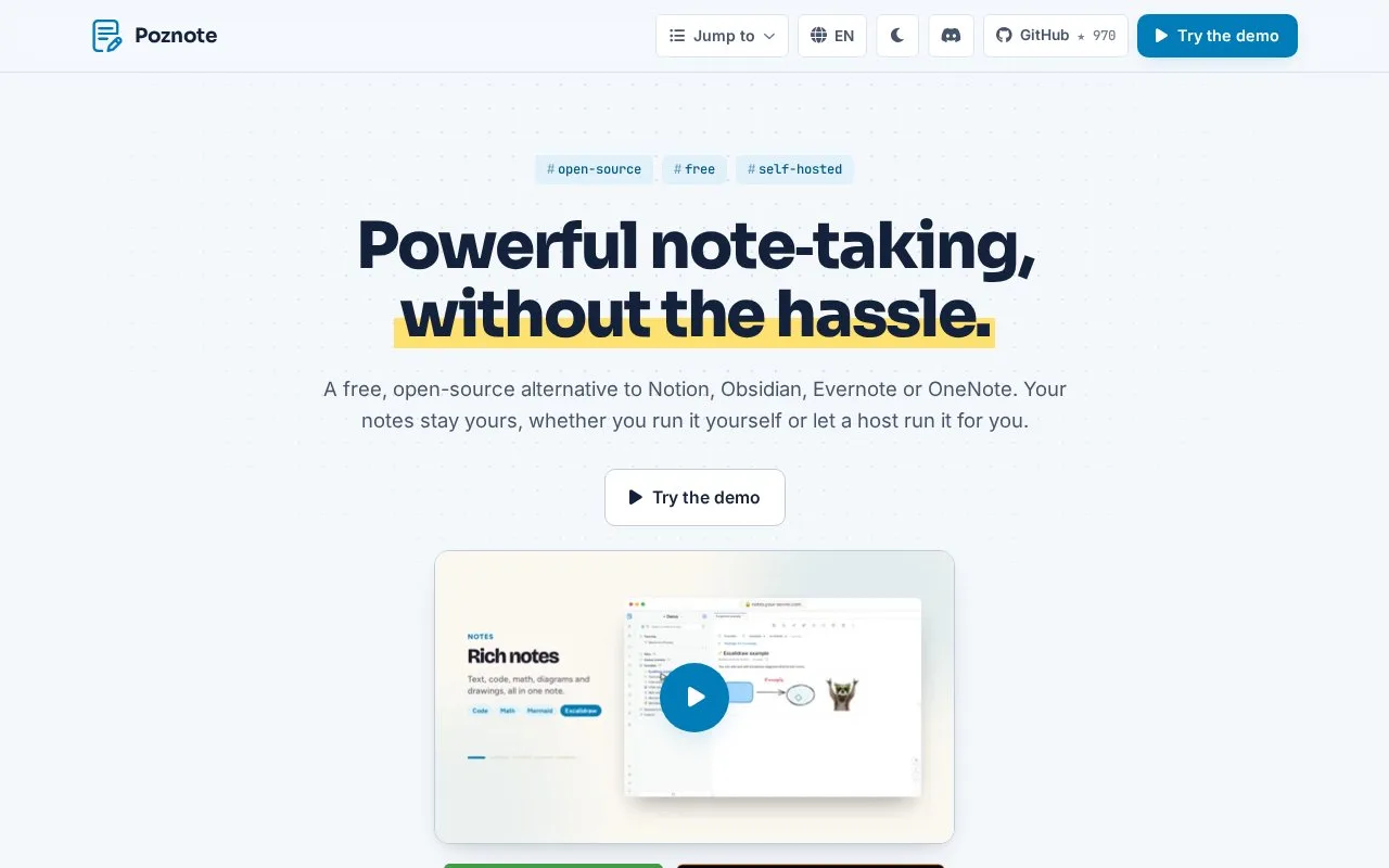Screenshot of the Poznote homepage