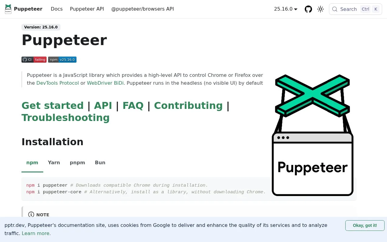 Screenshot of the Puppeteer homepage