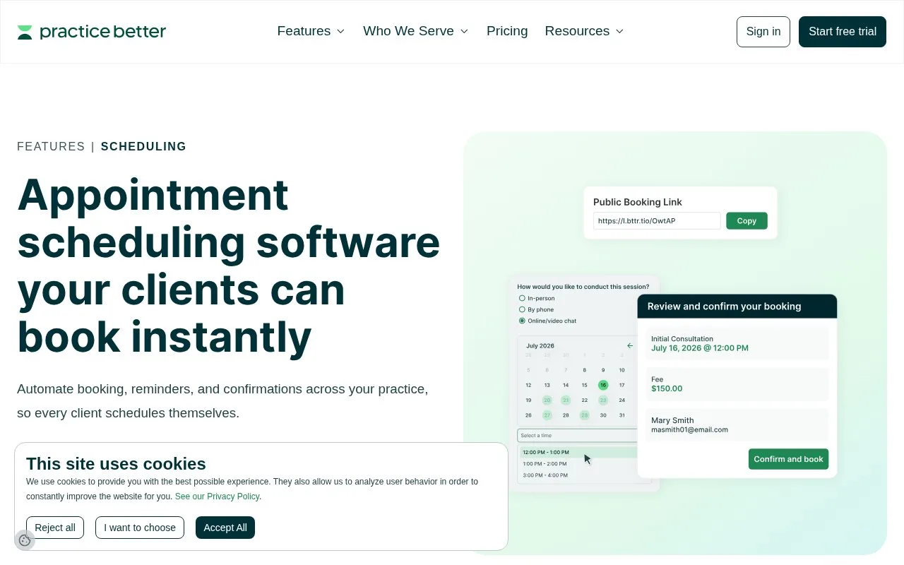 Screenshot of the Practice Better homepage
