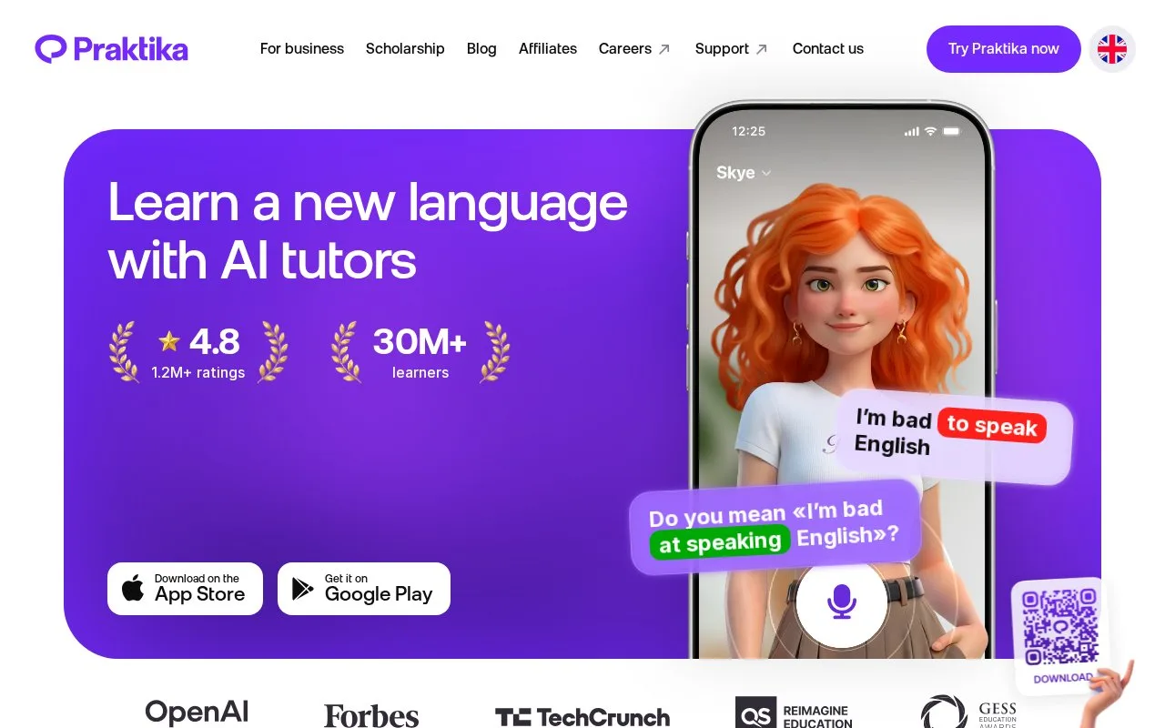 Screenshot of the Praktika homepage