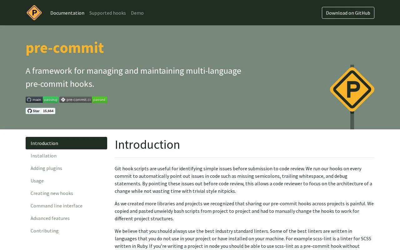Screenshot of the pre-commit homepage