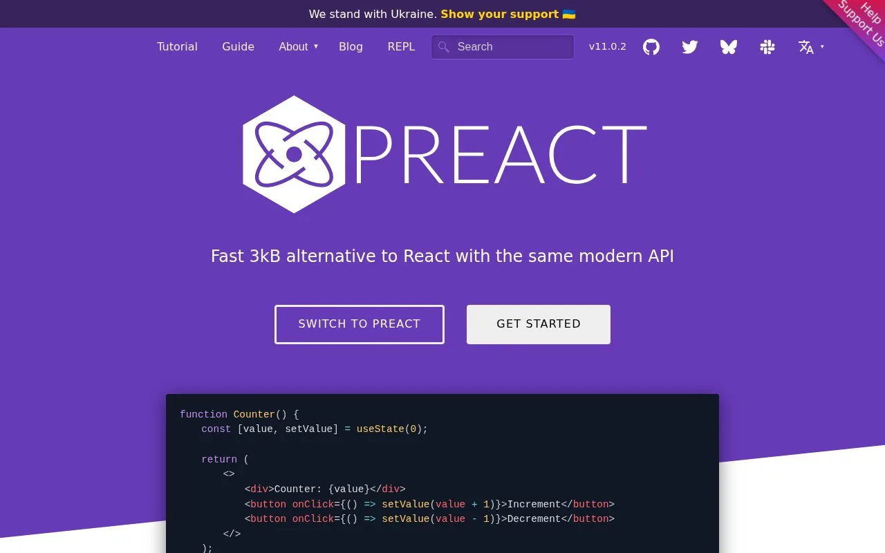 Screenshot of the Preact homepage
