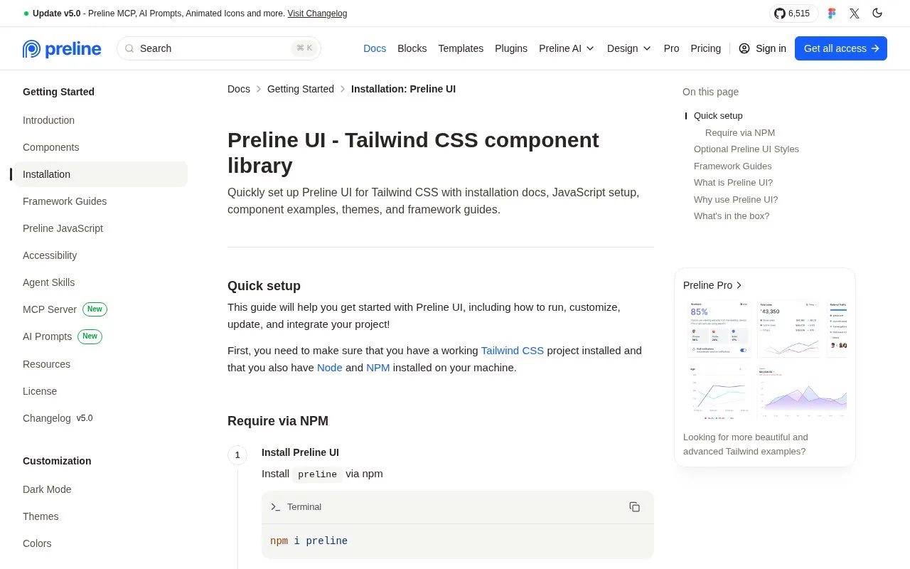 Screenshot of the Preline UI homepage