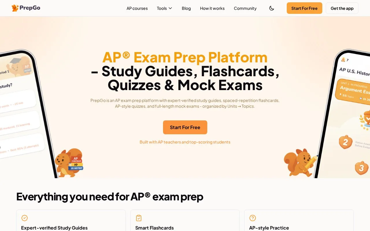 Screenshot of the PrepGo homepage