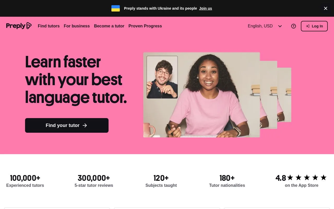 Screenshot of the Preply homepage