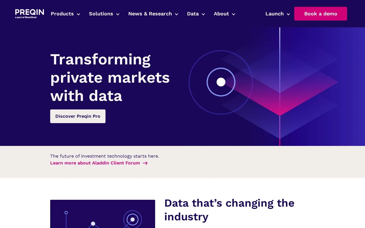 Screenshot of the Preqin homepage