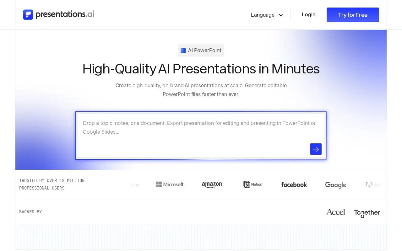 Screenshot of the Presentations.AI homepage