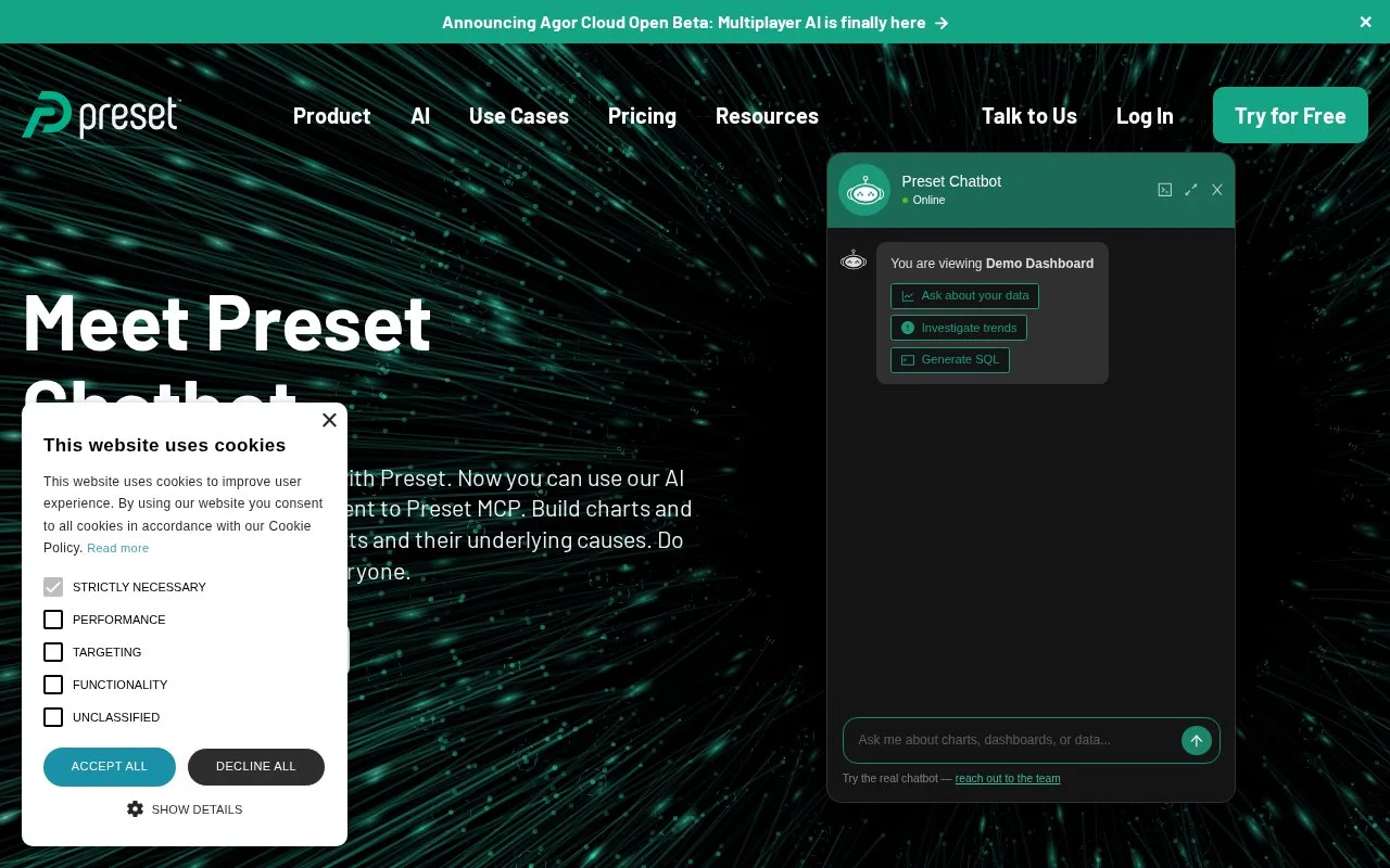 Screenshot of the Preset Cloud homepage