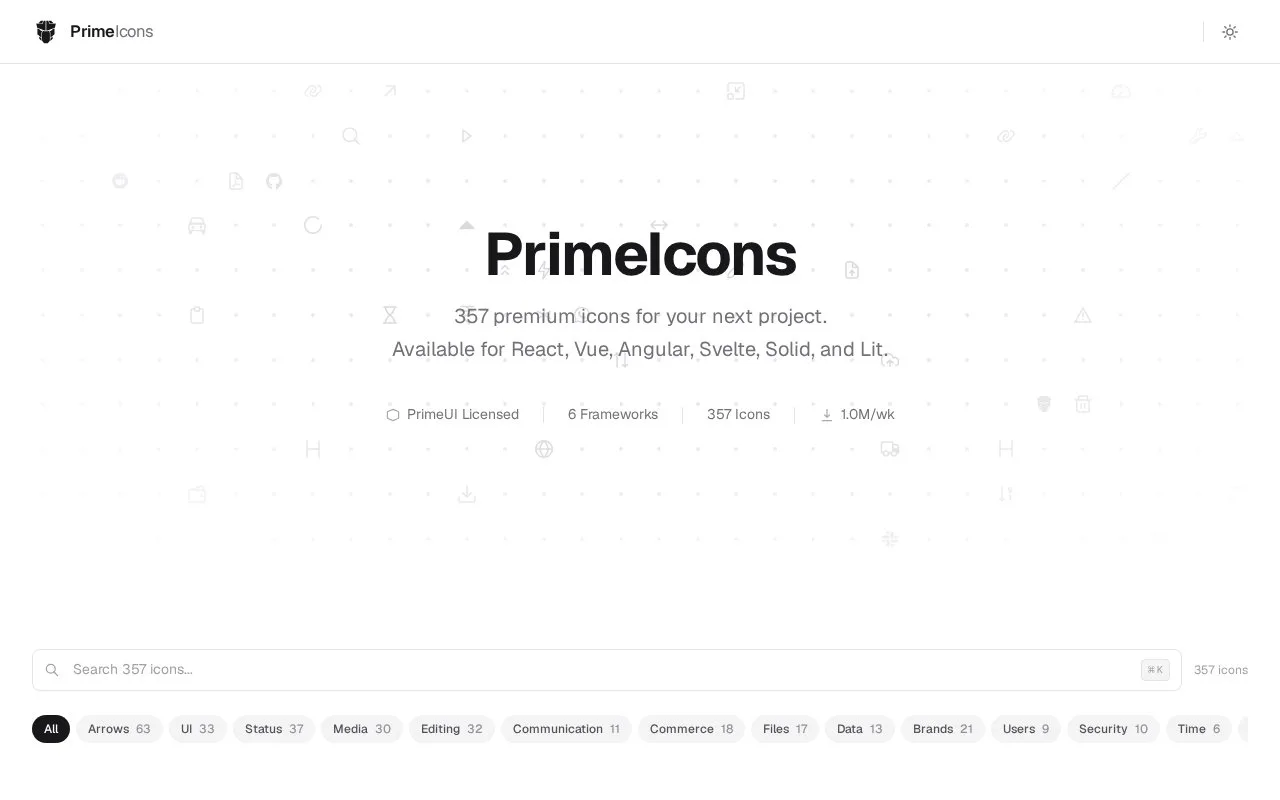 Screenshot of the PrimeIcons homepage