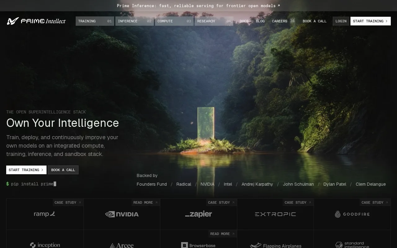 Screenshot of the Prime Intellect homepage
