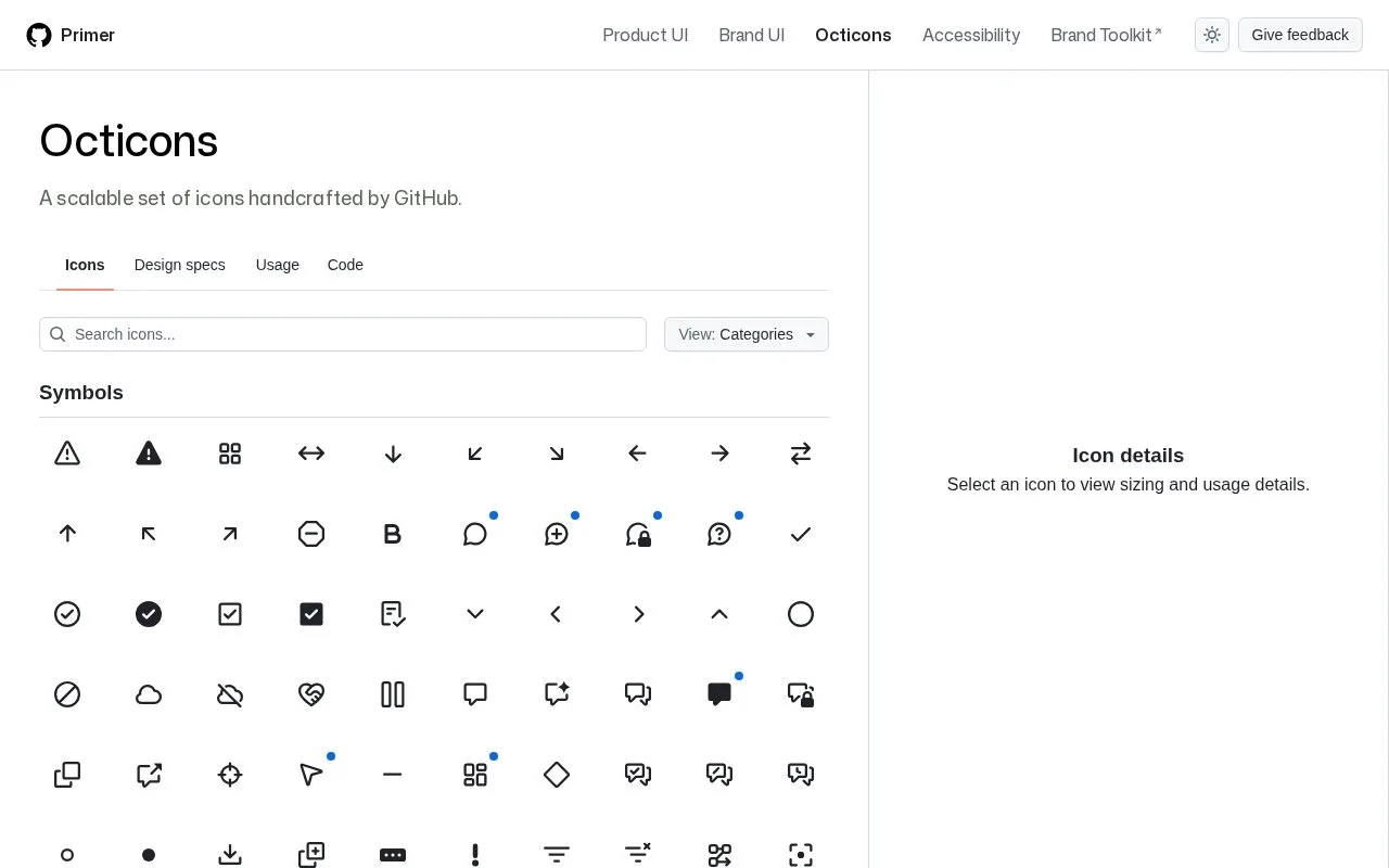 Screenshot of the Octicons homepage