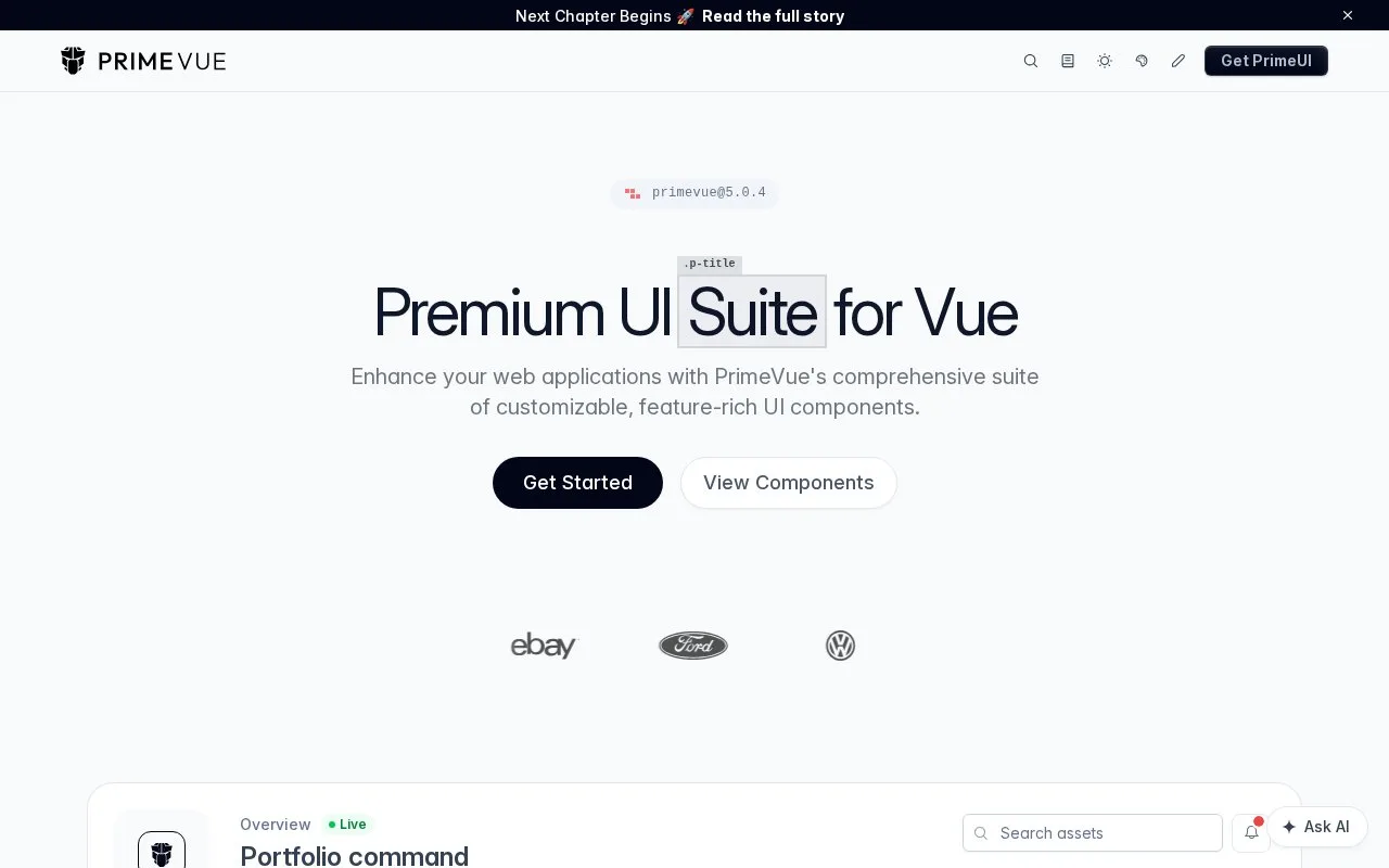 Screenshot of the PrimeVue homepage