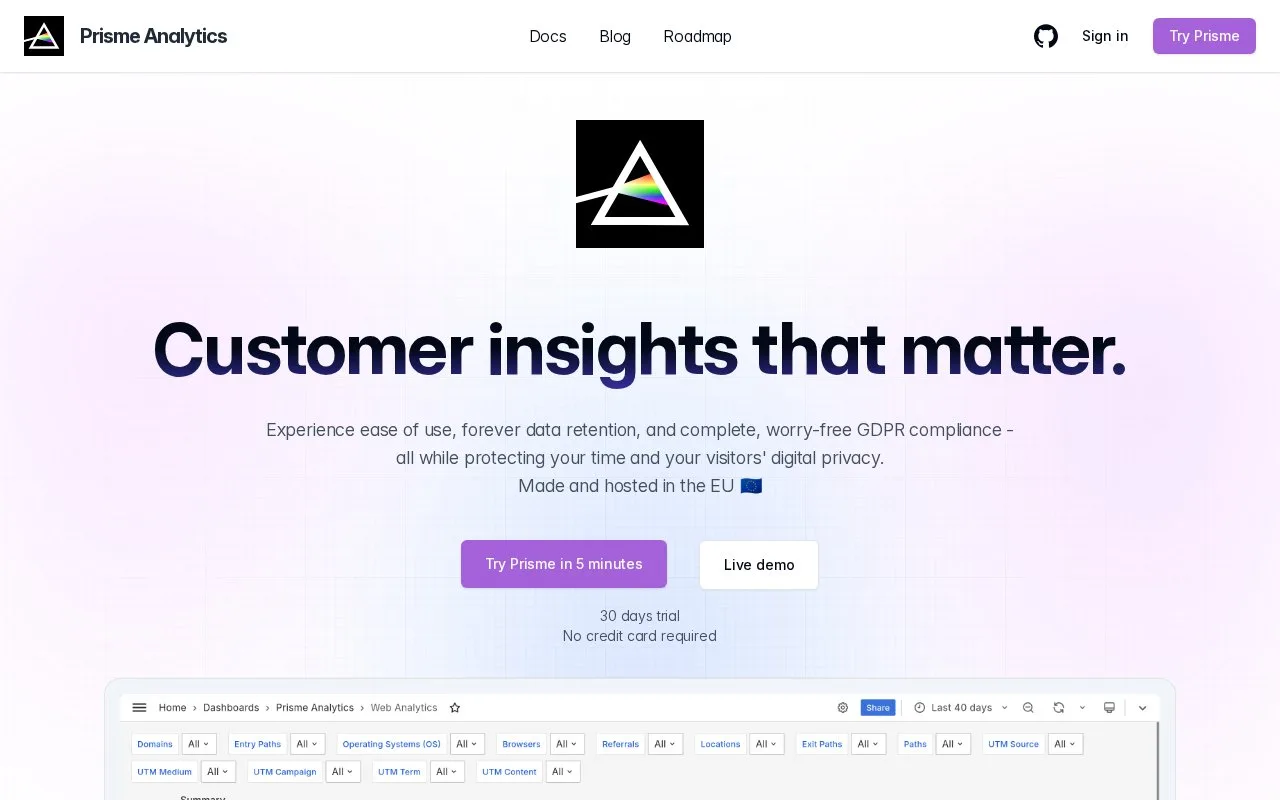 Screenshot of the Prisme Analytics Cloud homepage