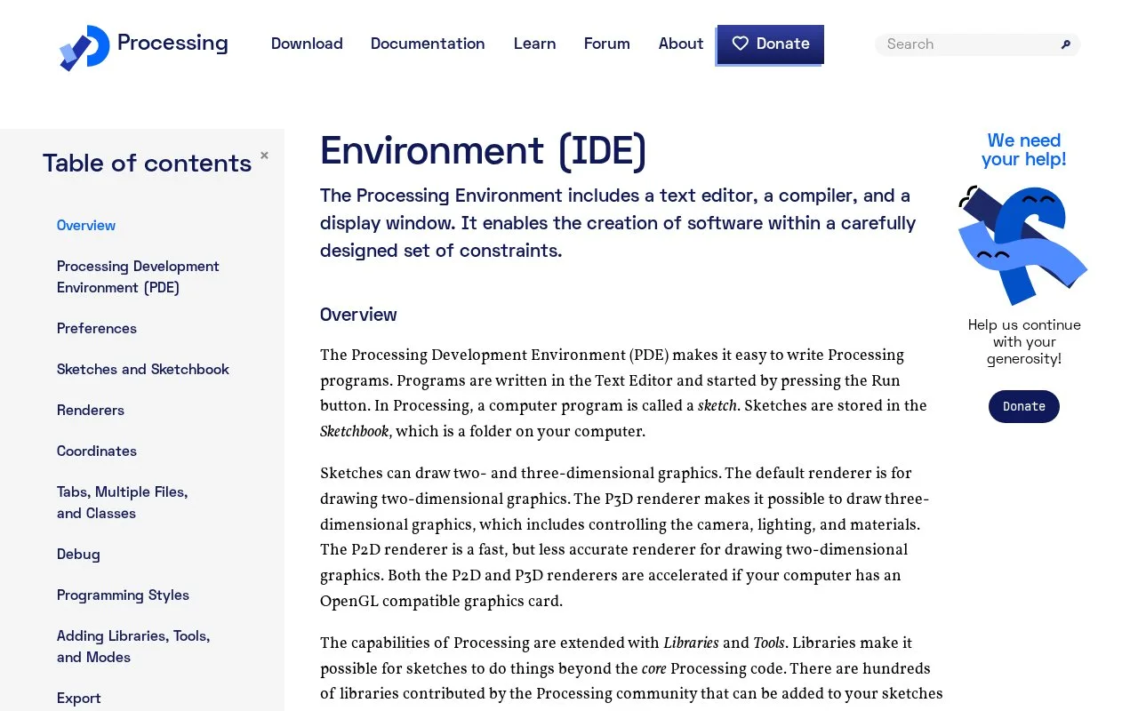 Screenshot of the Processing Development Environment (PDE) homepage