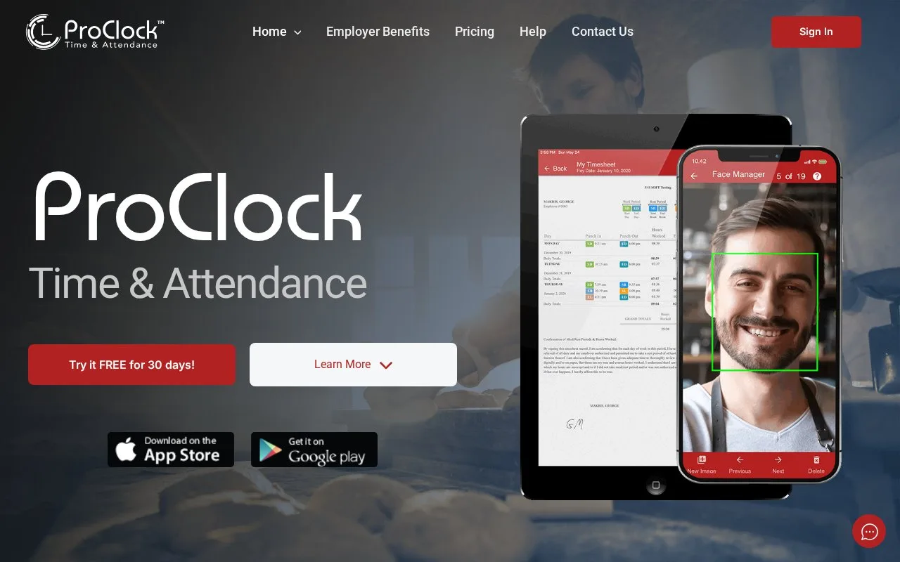 Screenshot of the ProClock Time & Attendance homepage
