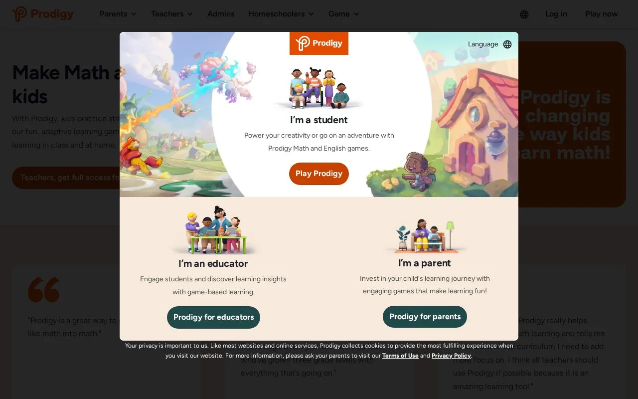 Screenshot of the Prodigy homepage