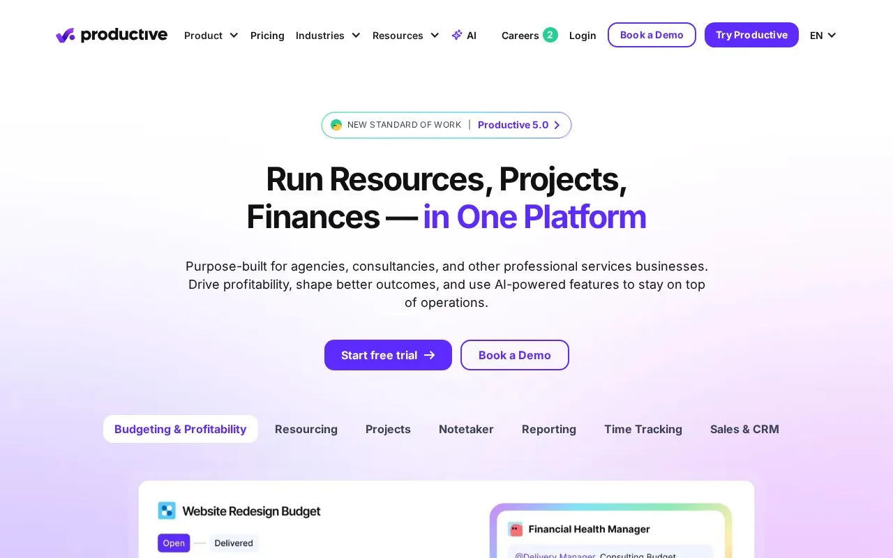 Screenshot of the Productive homepage