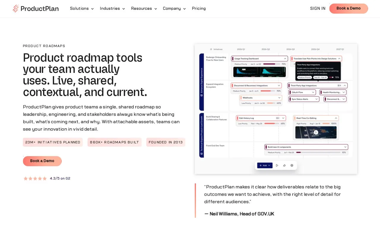 Screenshot of the ProductPlan homepage
