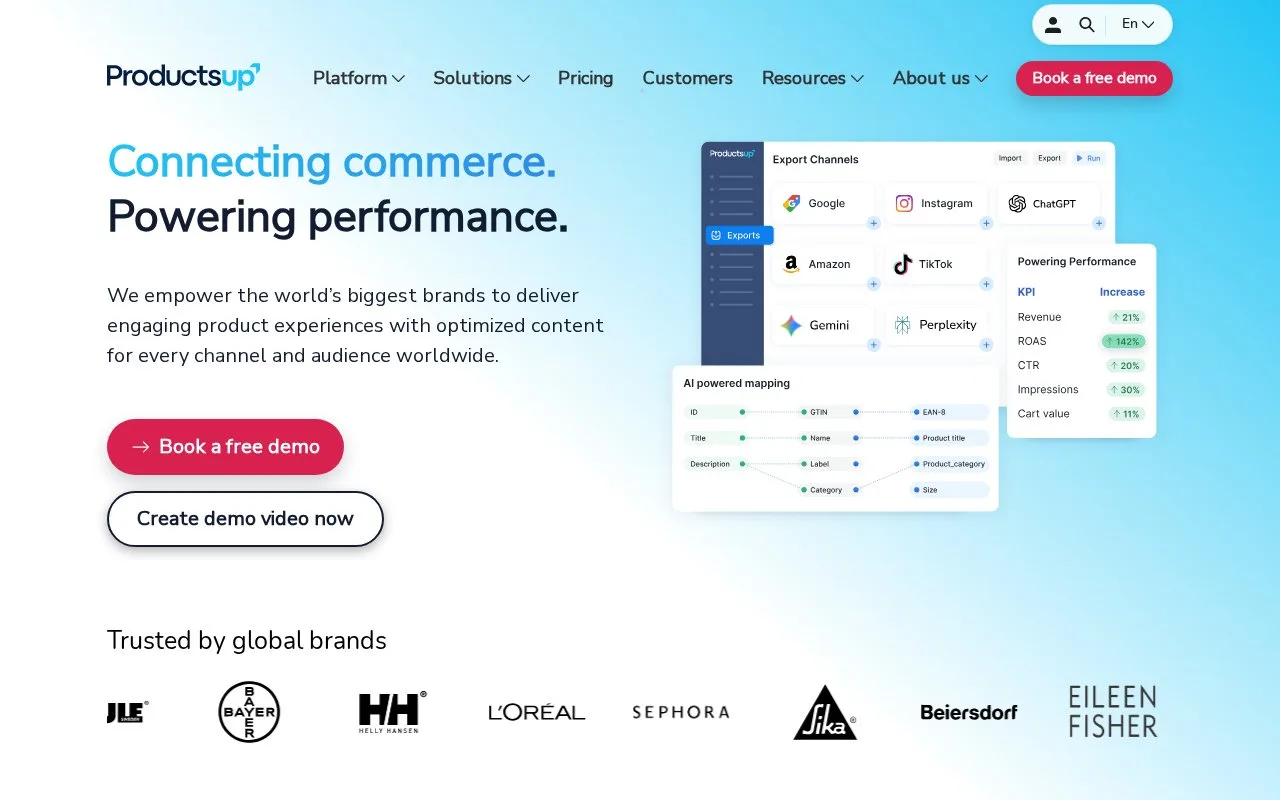 Screenshot of the Productsup homepage