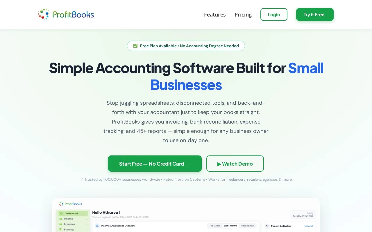 Screenshot of the ProfitBooks homepage