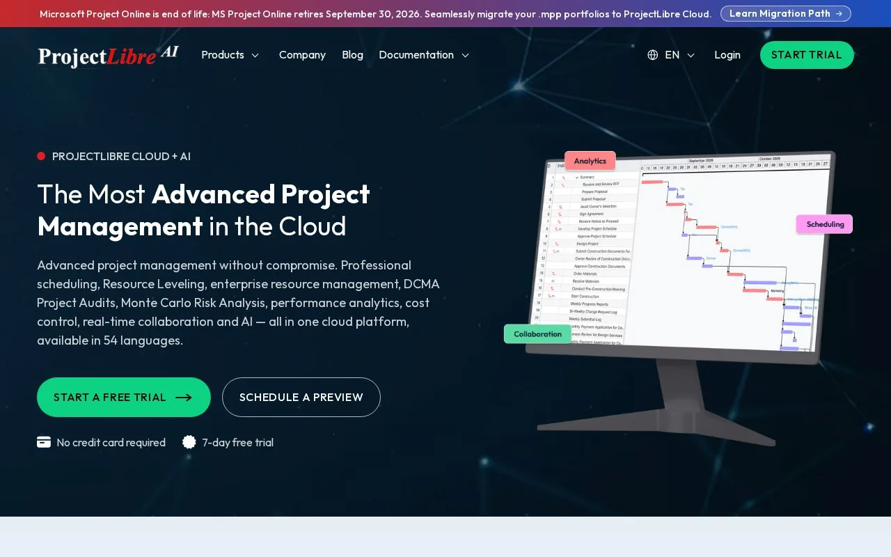 Screenshot of the ProjectLibre Cloud homepage