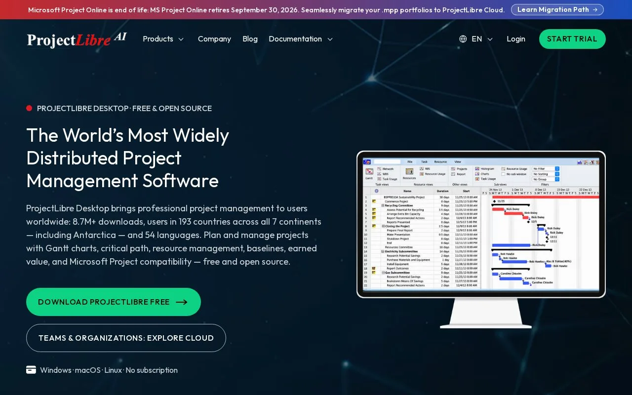 Screenshot of the ProjectLibre Desktop homepage