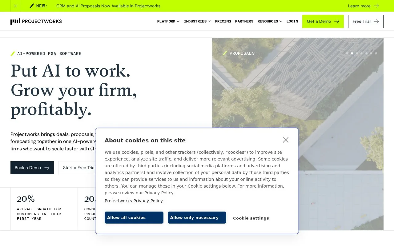 Screenshot of the Projectworks homepage