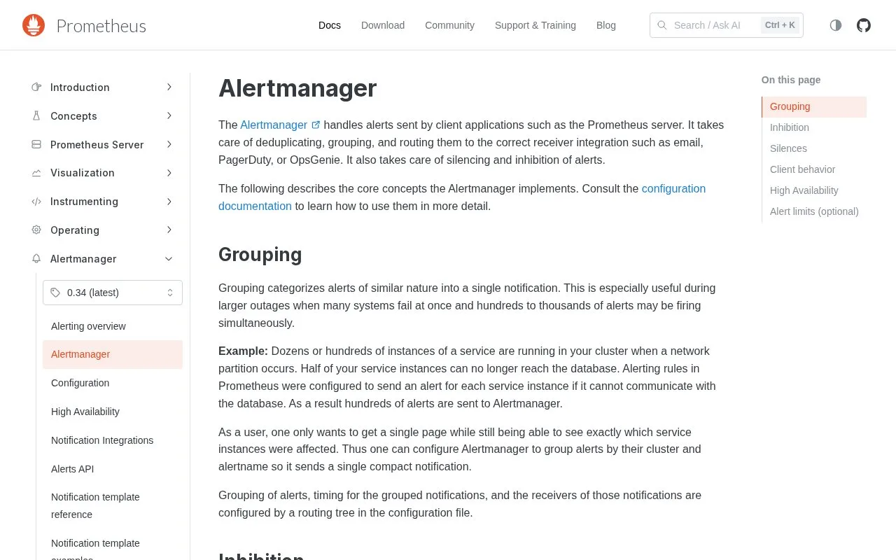Screenshot of the Prometheus Alertmanager homepage