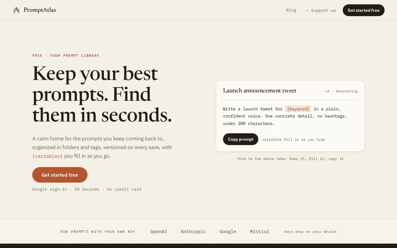 Screenshot of the PromptAtlas homepage