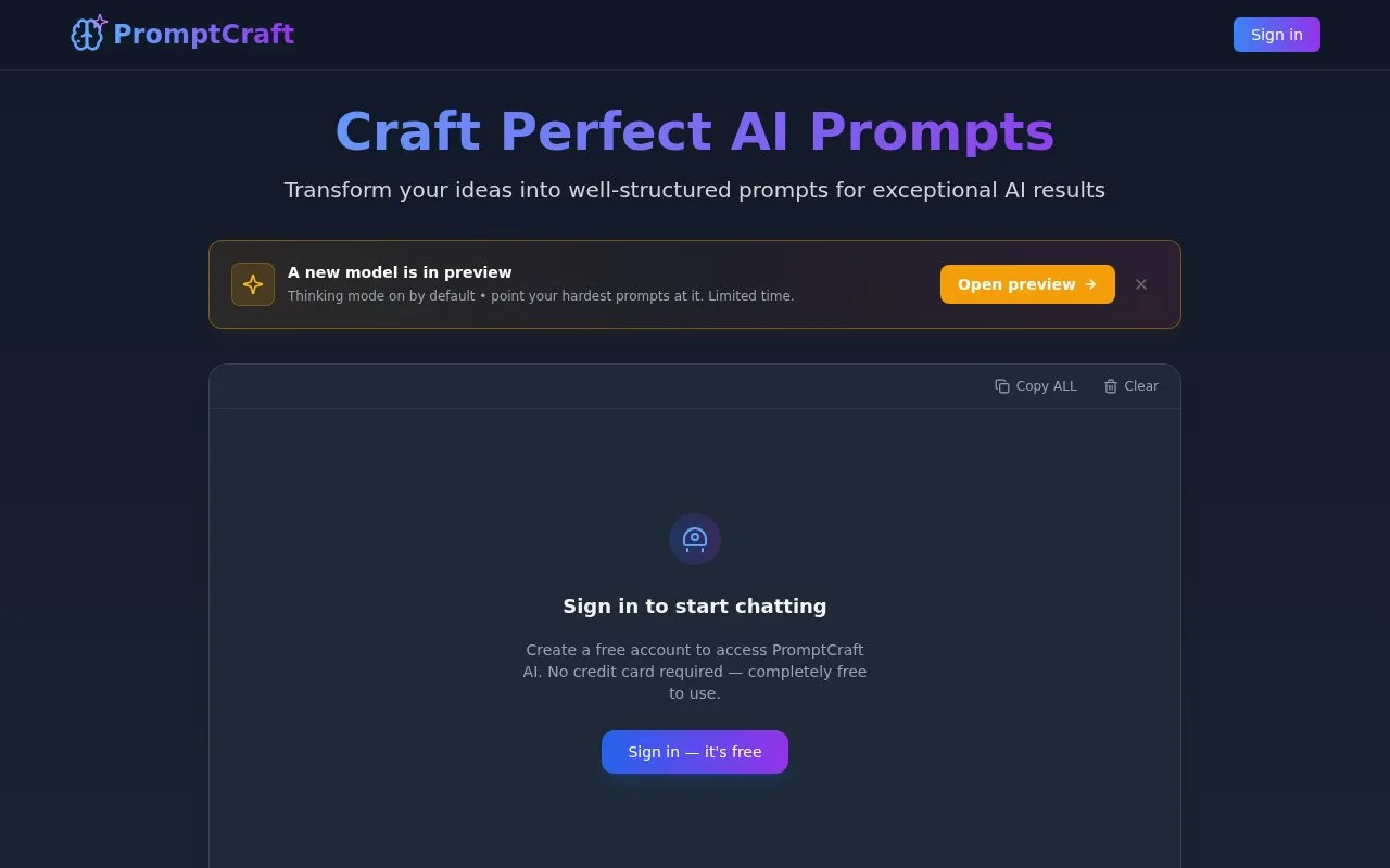 Screenshot of the PromptCraft homepage
