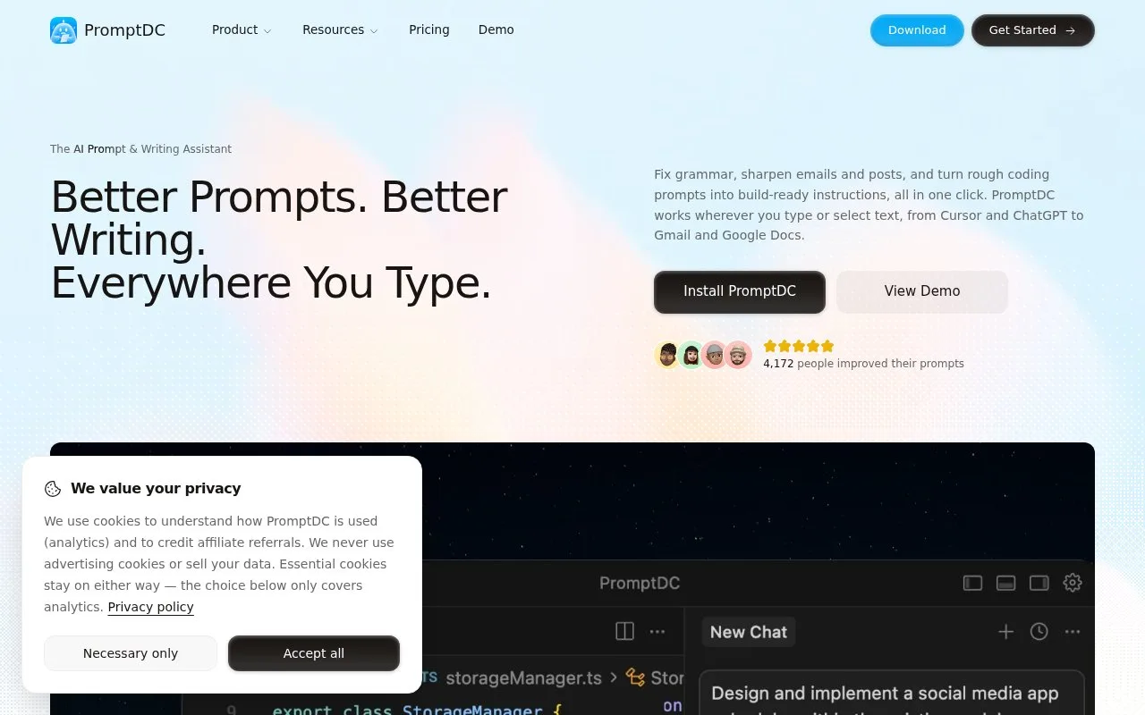 Screenshot of the PromptDC homepage