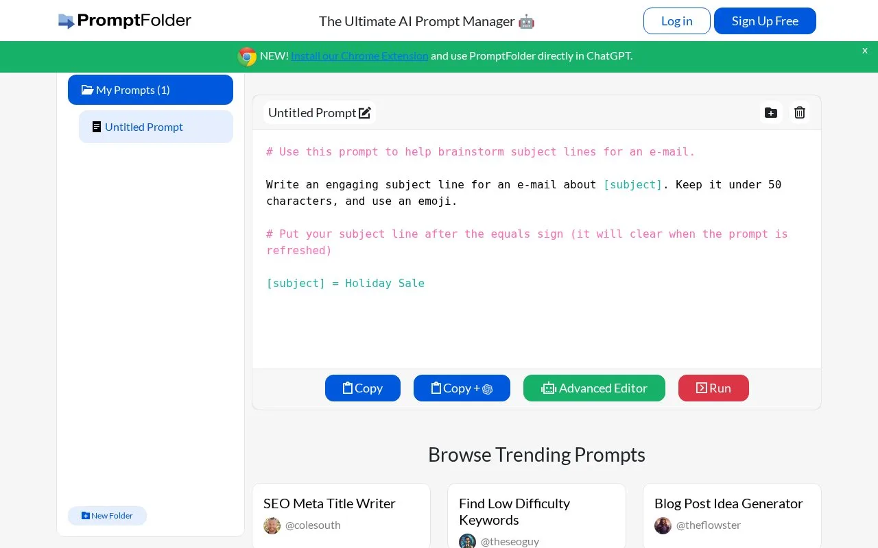 Screenshot of the PromptFolder homepage
