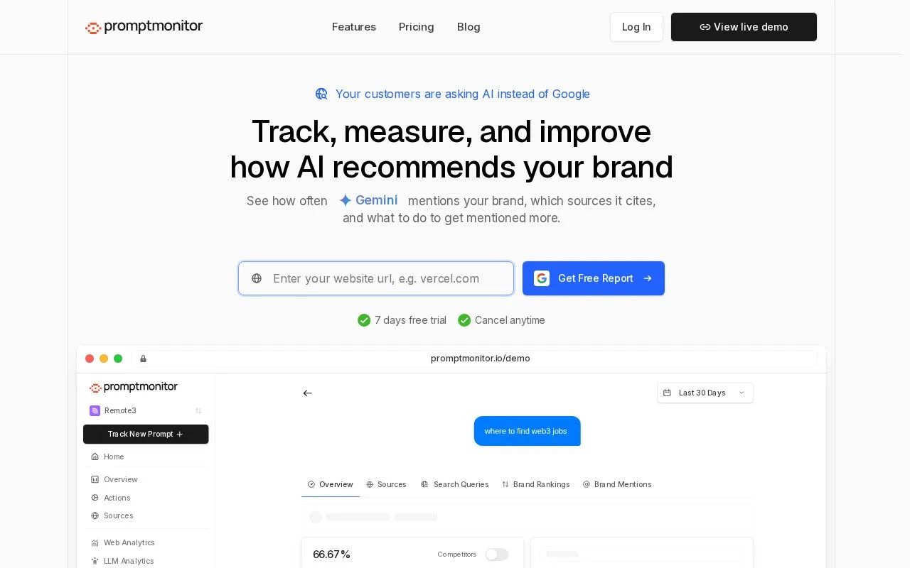 Screenshot of the Promptmonitor homepage