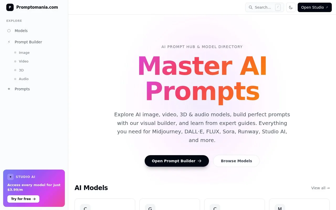 Screenshot of the Promptomania homepage