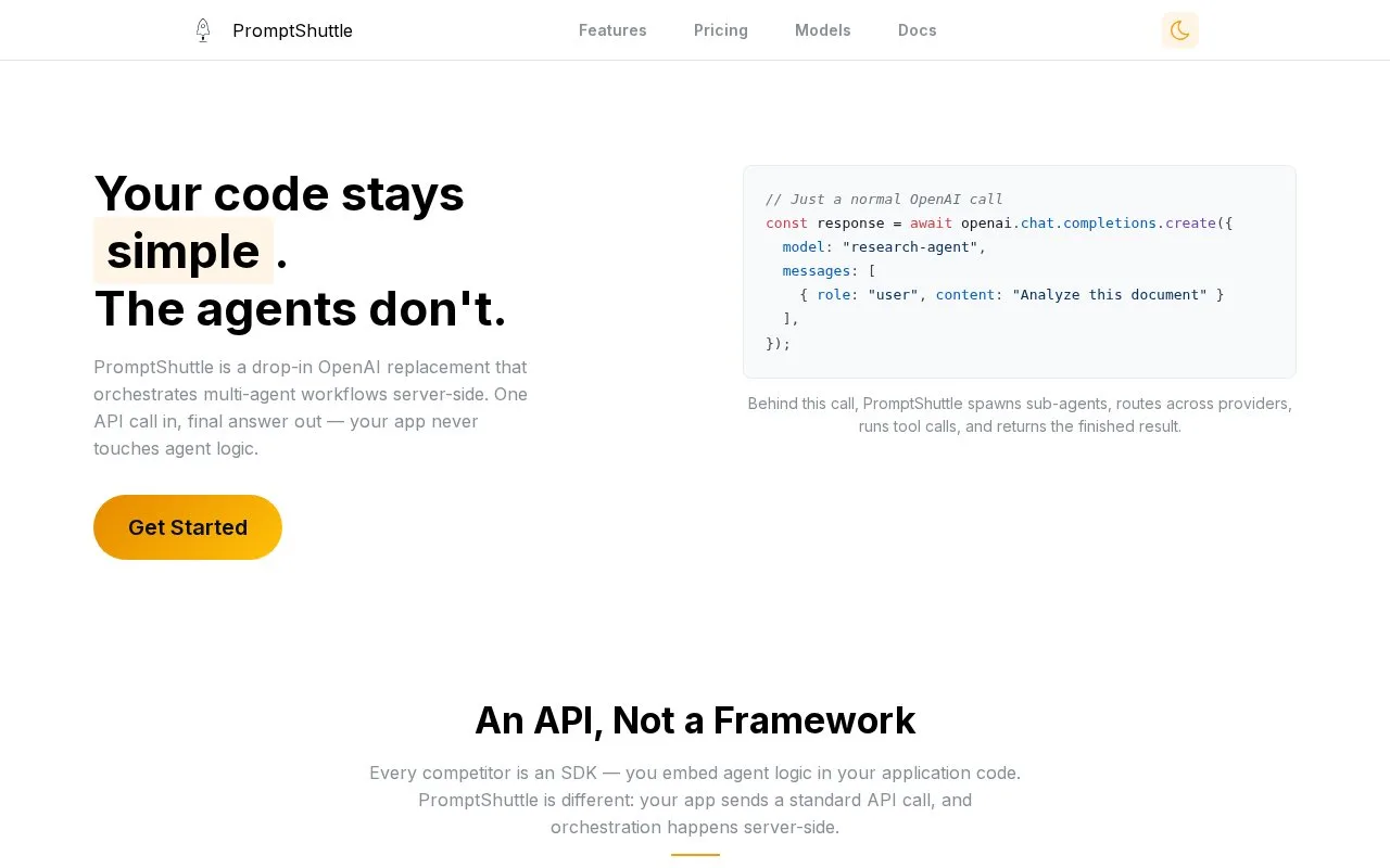 Screenshot of the PromptShuttle homepage