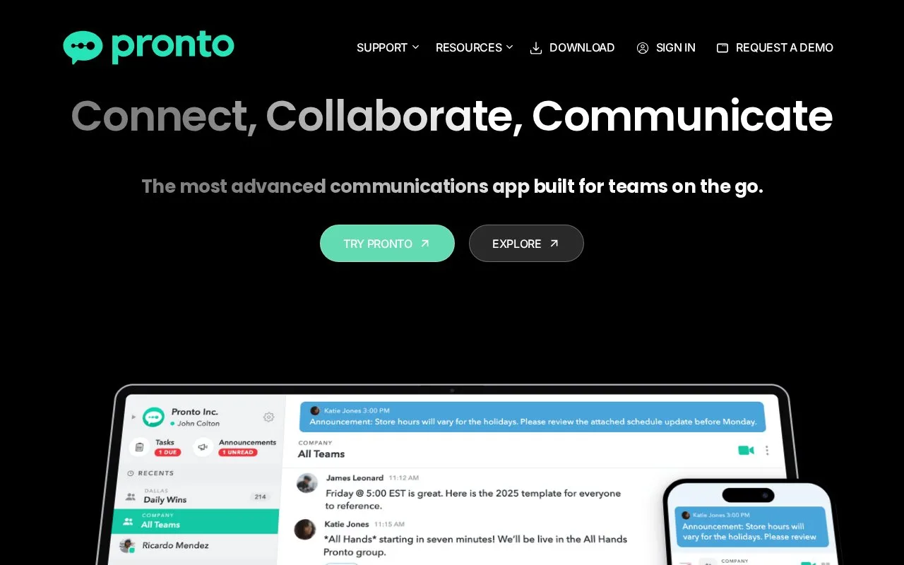 Screenshot of the Pronto homepage