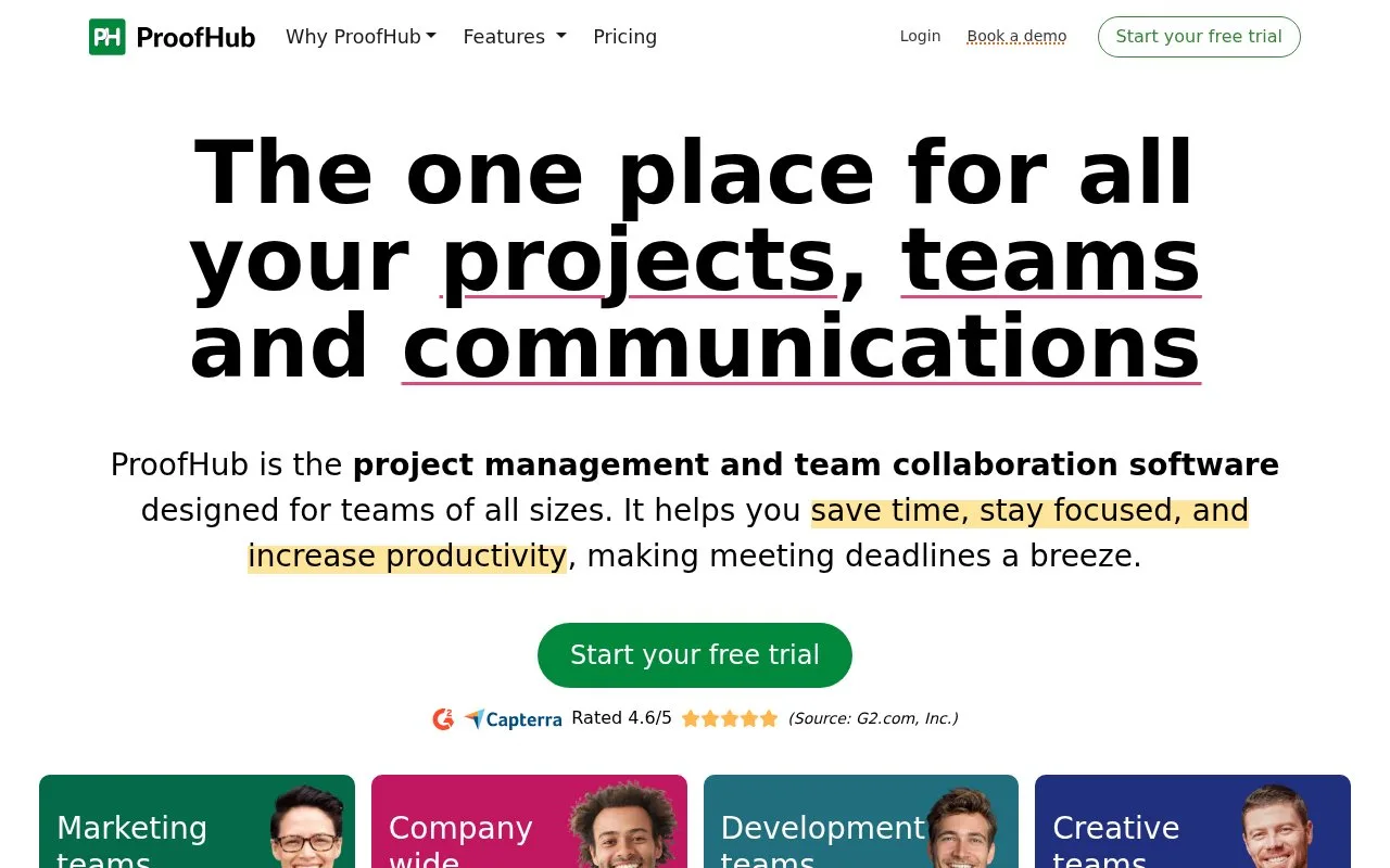 Screenshot of the ProofHub homepage