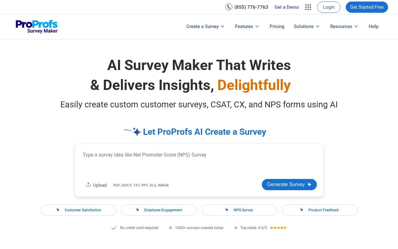 Screenshot of the ProProfs Survey Maker homepage