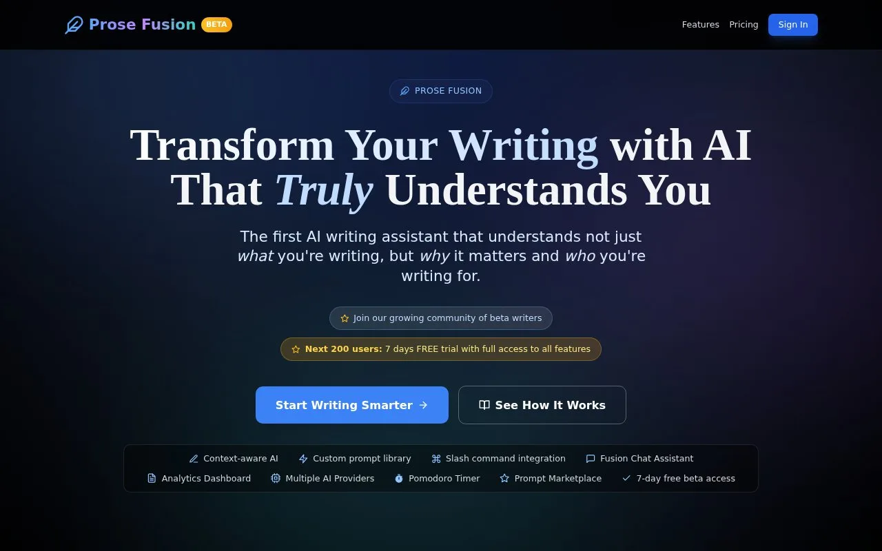 Screenshot of the Prose Fusion homepage