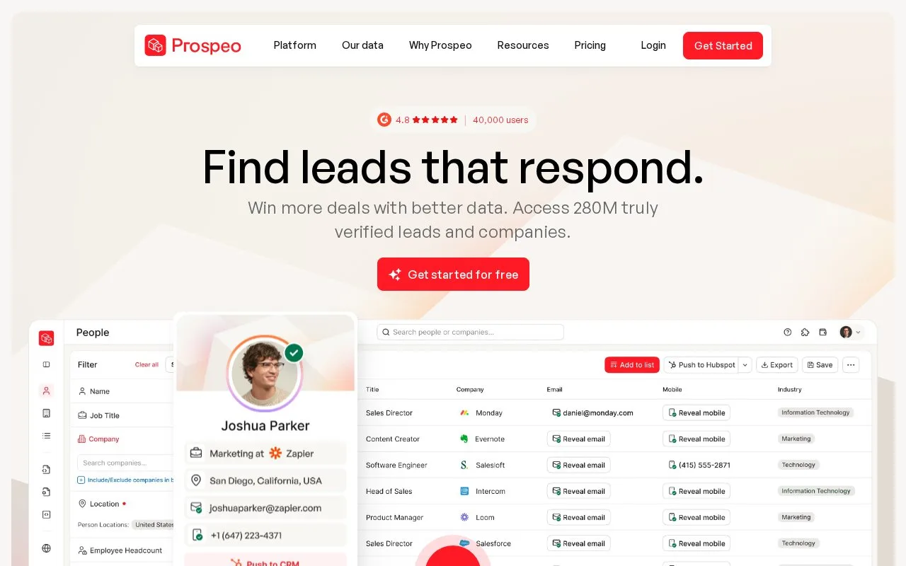 Screenshot of the Prospeo homepage