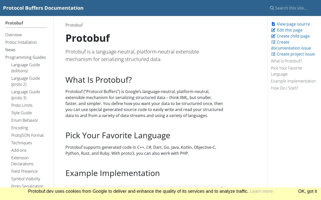 Screenshot of the Protocol Buffers homepage