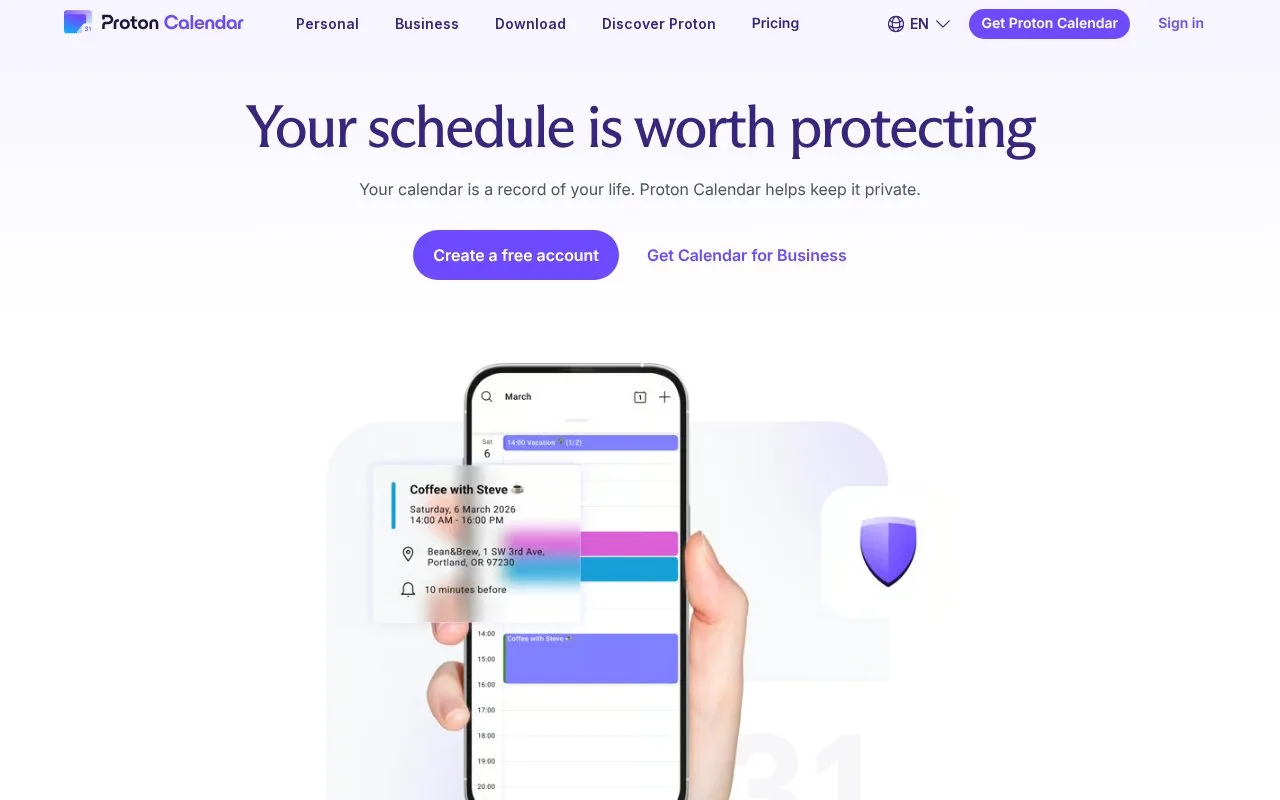 Screenshot of the Proton Calendar homepage