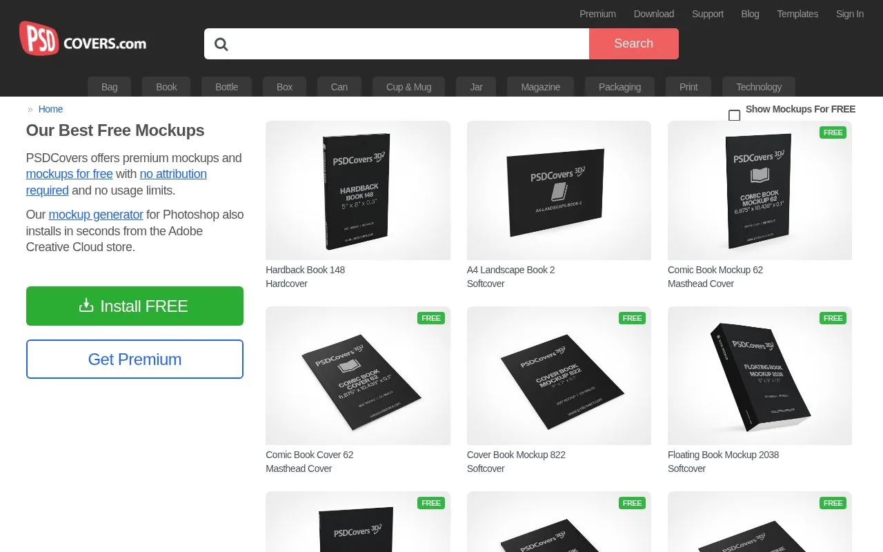 Screenshot of the PSDCovers homepage