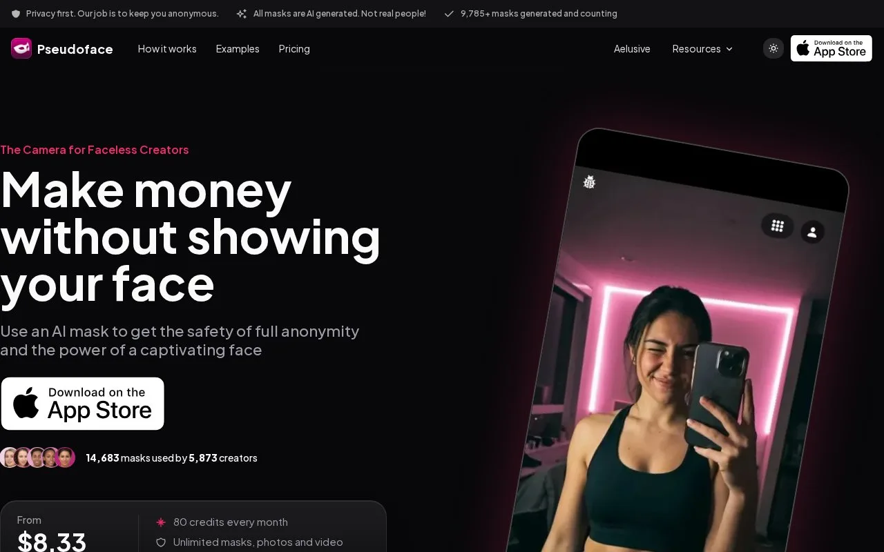 Screenshot of the Pseudoface homepage