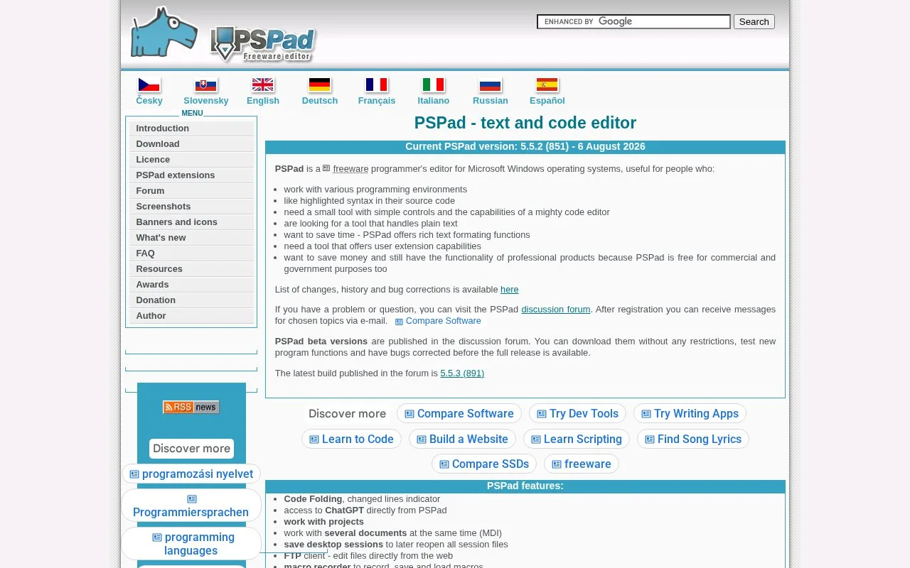 Screenshot of the PSPad homepage