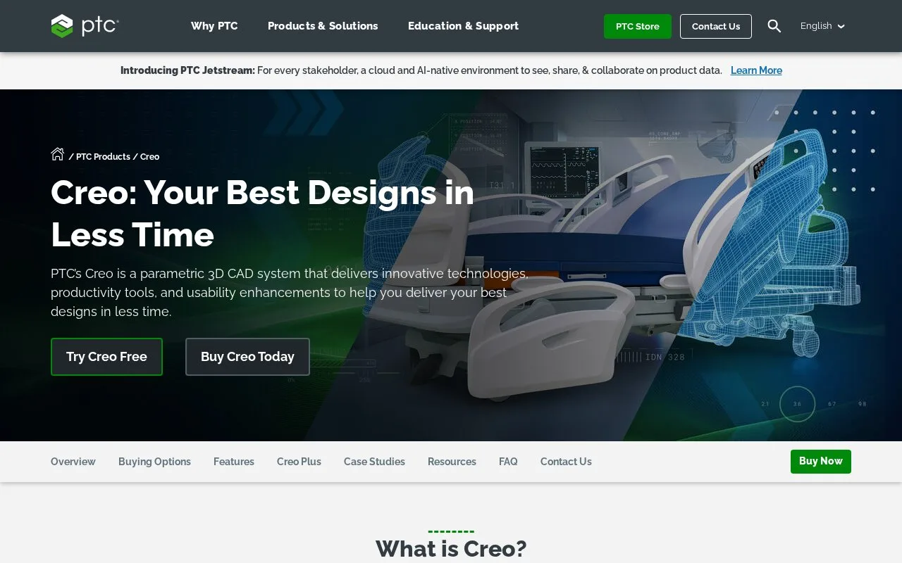 Screenshot of the PTC Creo homepage