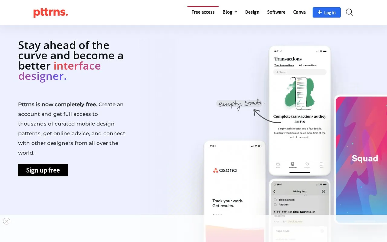 Screenshot of the Pttrns homepage