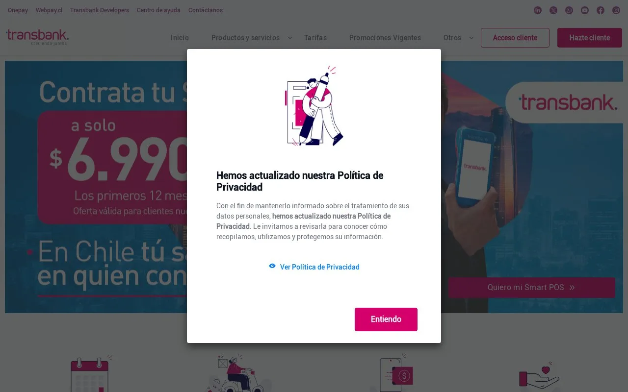 Screenshot of the Transbank homepage