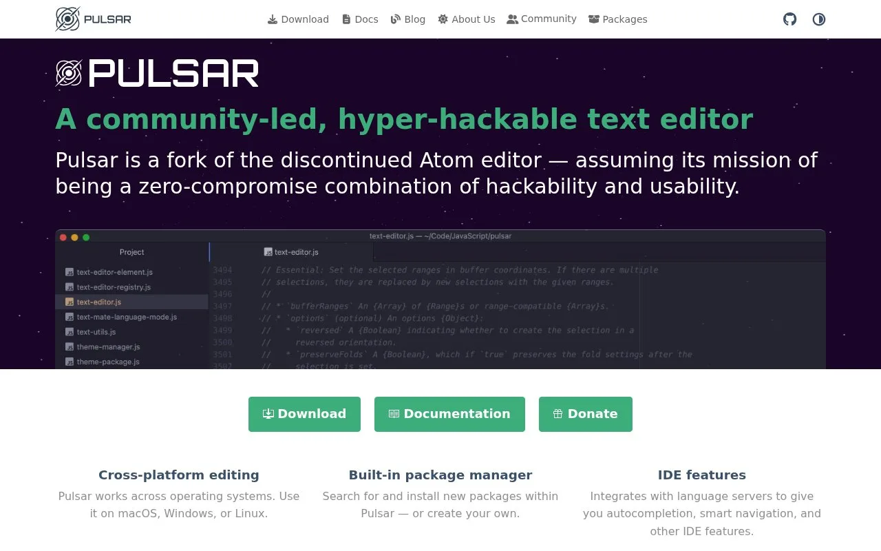 Screenshot of the Pulsar homepage